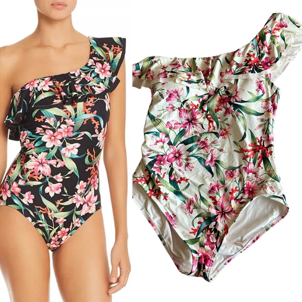 Carmen Marc Valvo | Size 14 One Shoulder Floral Print Ruffle One Piece Swimsuit